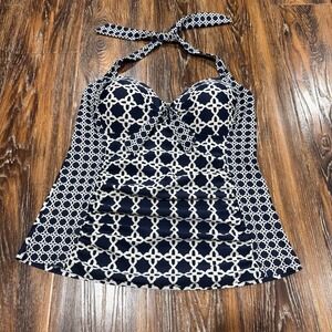 Merona Navy Blue & White Patterned Tankini Halter Top Size L Women's Padded Swim